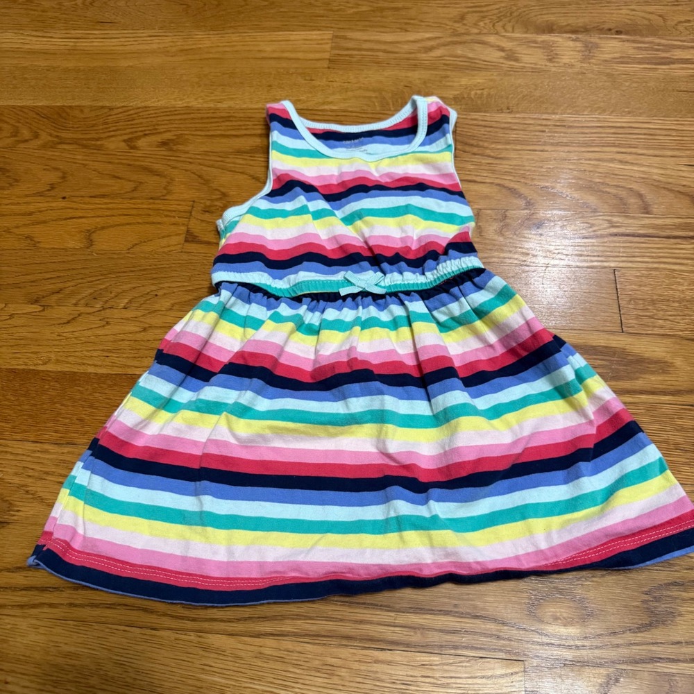 Carters Girls 24M Multicolor Rainbow Striped Sleeveless Cotton Jersey Dress Bow